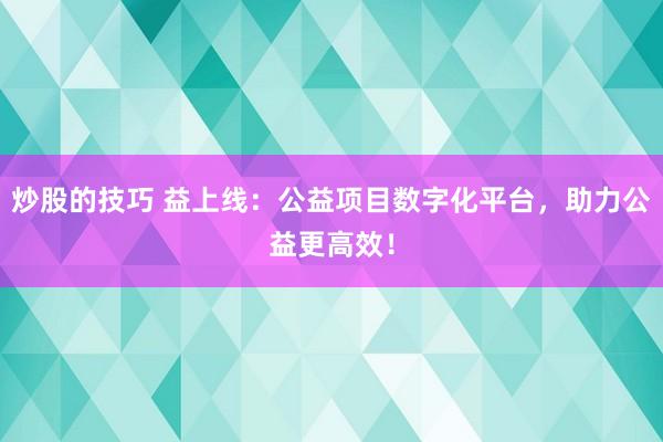 炒股的技巧 益上线：公益项目数字化平台，助力公益更高效！